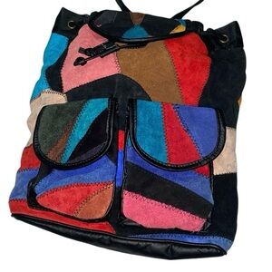 Vintage Multicolored Suede Crossbody Bucket Bag Abstract Retro